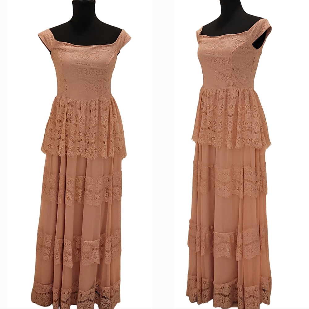 SOBE Prairie Peasant Bohemian Off The Shoulder Sheer Lace Tier Maxi Dress